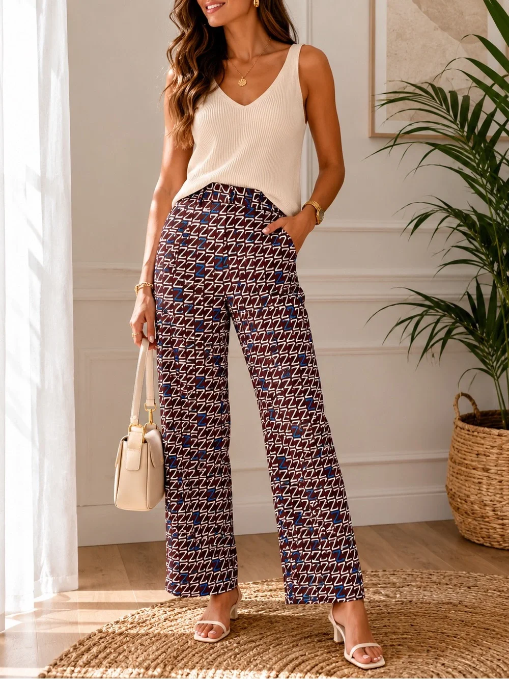Zara Woman NWT Geometric Print Straight Leg Pants Burgundy Blue Size L
